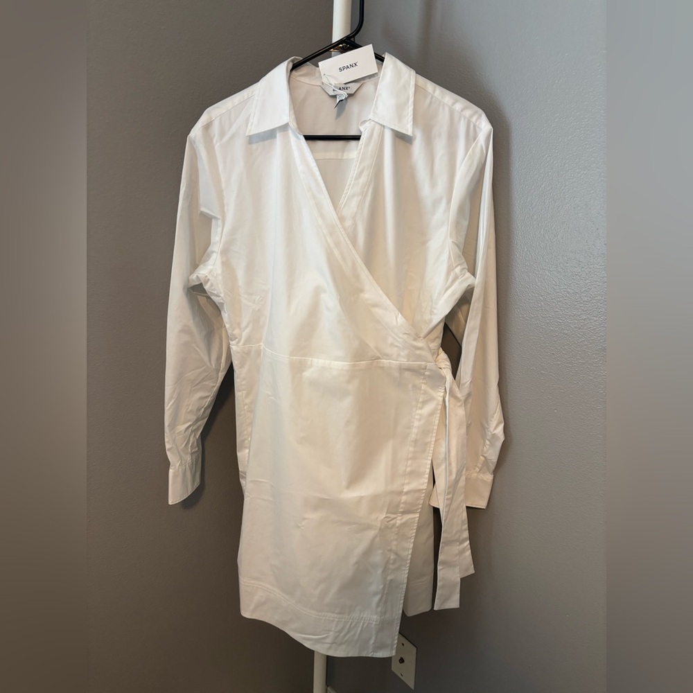 SPANX White Poplin Wrap Shirt Dress with Side Tie